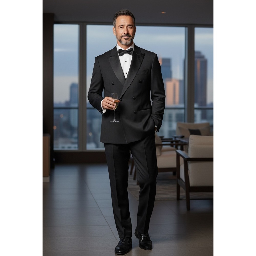 Richard Harris Men's 2pc Tuxedo Black Double Breasted 40R Pleated Pants 32x30